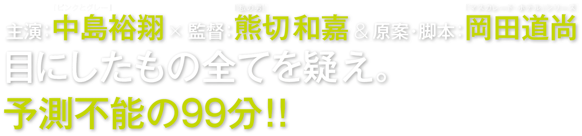 主演:中島裕翔×監督:熊切和嘉&原案脚本:岡田道尚 目にしたものを全て疑え。 不測不能の99分!!
