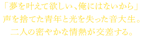 「夢を叶えて欲しい、俺にはないから」声を捨てた青年と光を失った音大生。二人の密やかな情熱が交差する。